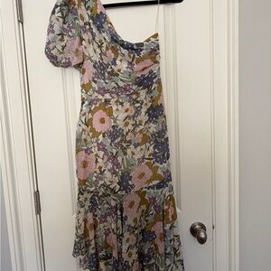 Astr One-Shoulder Floral Dress in Pink and Green